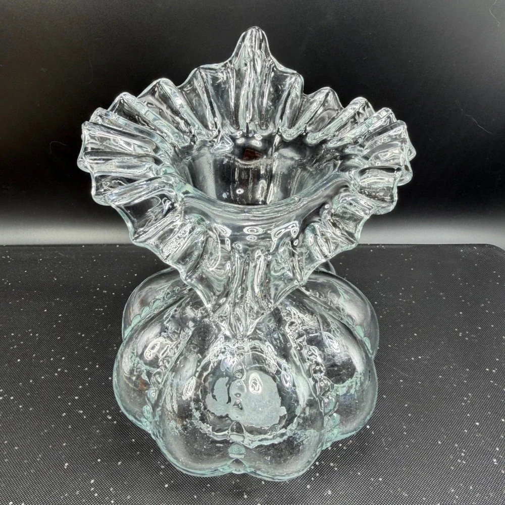 Clear Glass Ruffled Vase Hobnail Lobed Pumpkin‎ Base Heavy 8 Inch Vessel VTG